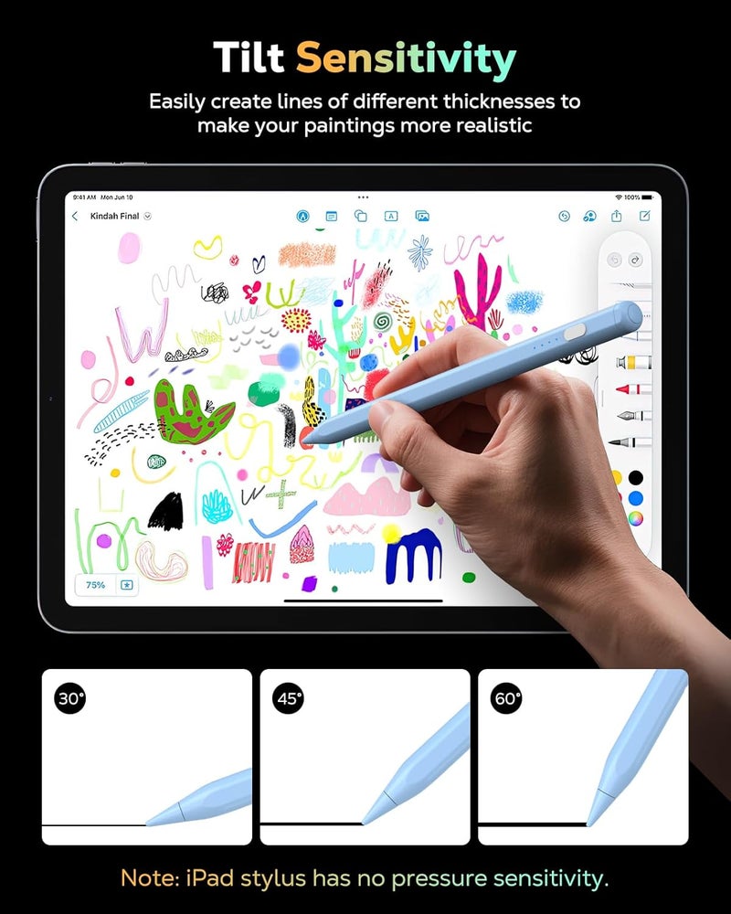 MoKo قلم رصاص لجهاز iPad (A16) الجيل 11 و10، قلم ستايلس لجهاز Apple iPad 2018-2025 11/10/9/8/7/6/A16، ميني 7/6/5، إير M3/M2 11"/13"/5/4/3، برو M4 13"/12.9"/11" حساسية الميل، شحن سريع USB-C، أزرق - Image 3